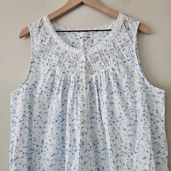 Eileen West Blue Floral Cottagecore Knee Length Sleeveless Sleep Dress - Picture 4 of 13